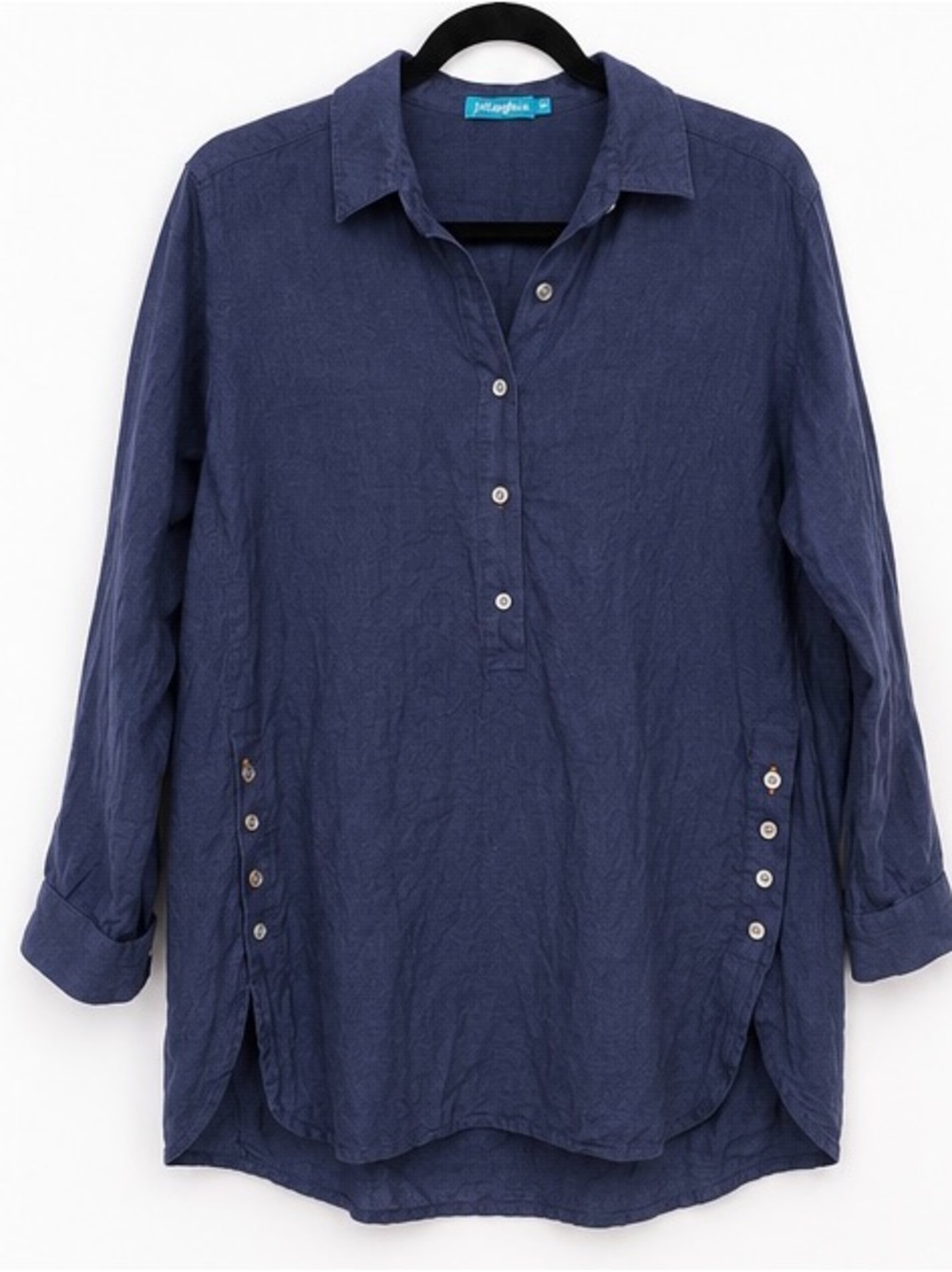 J.McLaughlin Fallon 100% Linen Popover Tunic Navy Blue Side Button Top M
